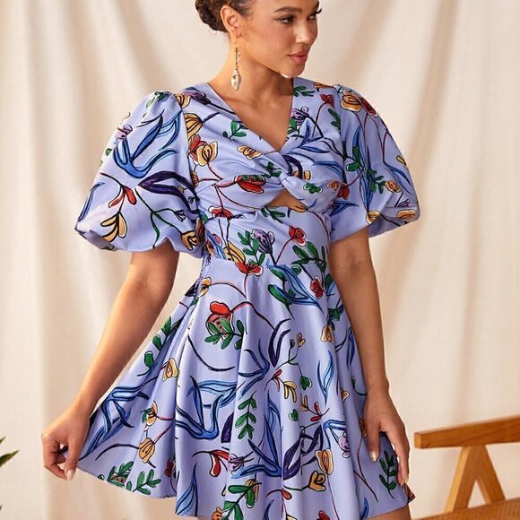 Purple Boho Womens Foral Prints Front Twisted Wrap Cut Out Back Detail Dress - Picture 4 of 8